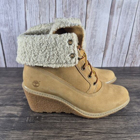 TIMBERLAND Earthkeepers Amston Roll Top Cozy Wedge Boots Women's Sz 8 Wheat Tan - Picture 3 of 10